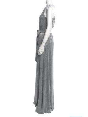 Halston Silver Metallic Pleated Halter Gown